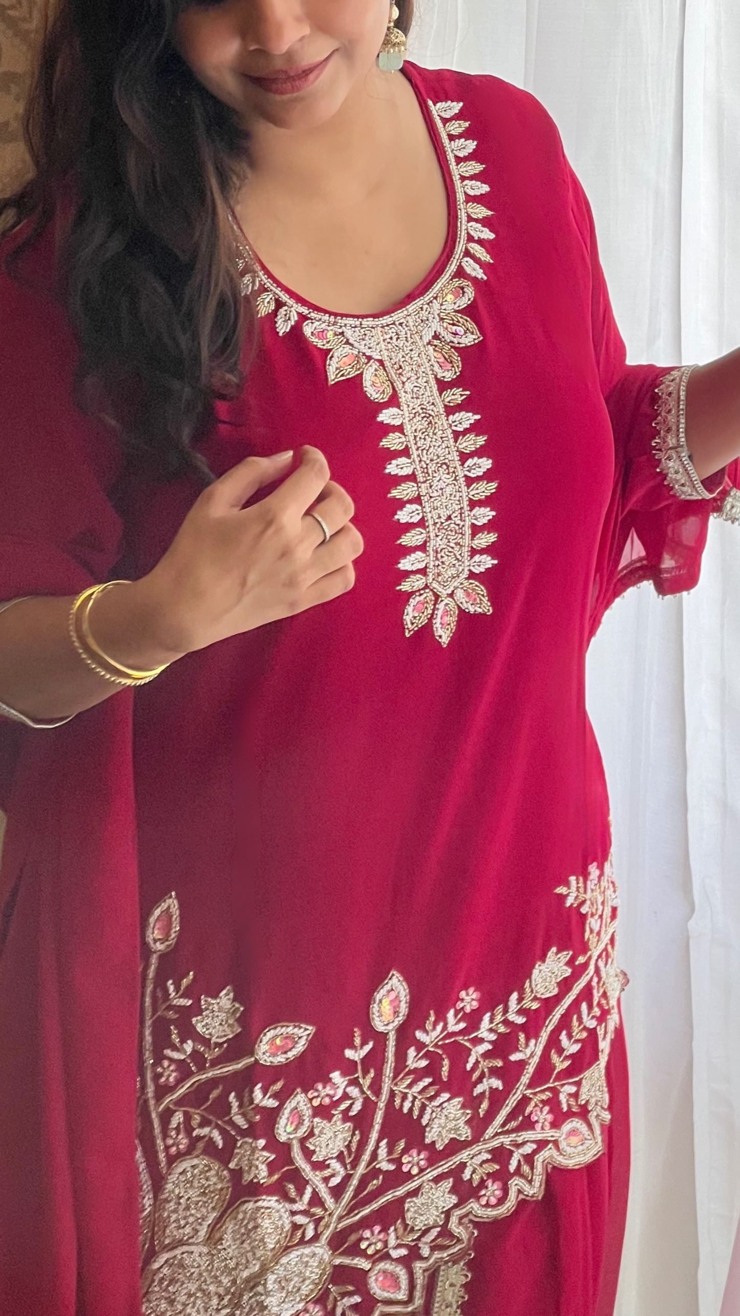 Rubine Red Asymmetrical Design Tulip Pant Suit Set