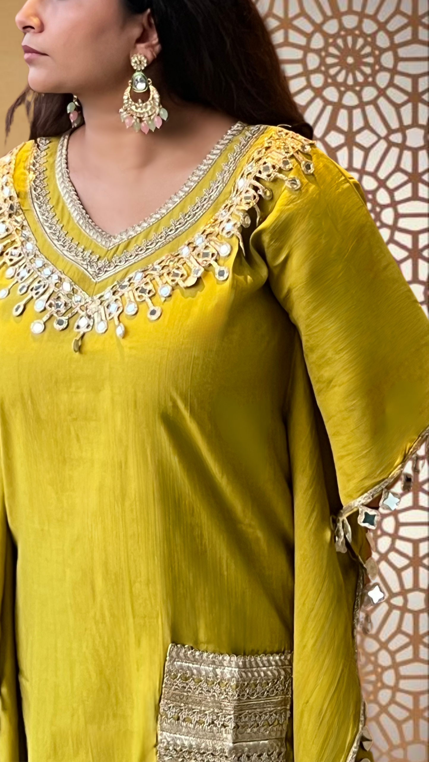 Citrine Gold Mirror Work Kaftan Set